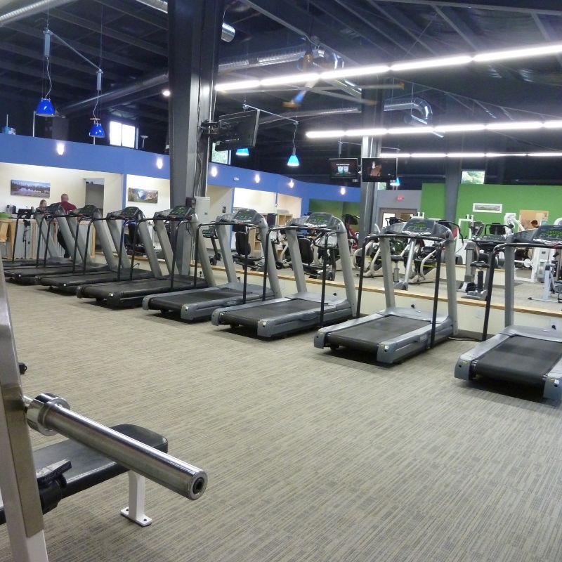 treadmills lined up with tons of floor space behind and a bright spacious gym atmosphere